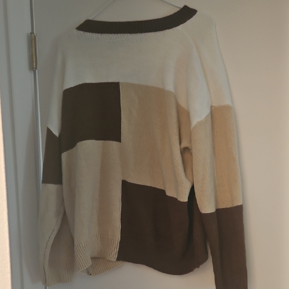 SHEIN Brown and Cream Sweater with Color Block Design